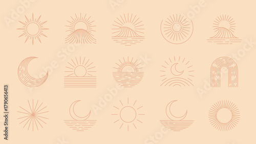 Collection of minimalist abstract sun, moon, wave, and mountain line art icons for bohemian designs, spiritual themes, and modern branding elements with artistic flair.