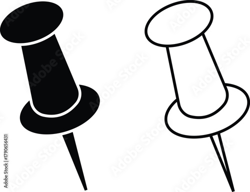 Push pin and thumbtack icon set for office, map, and reminder design in minimalist black and white vector style with transparent background