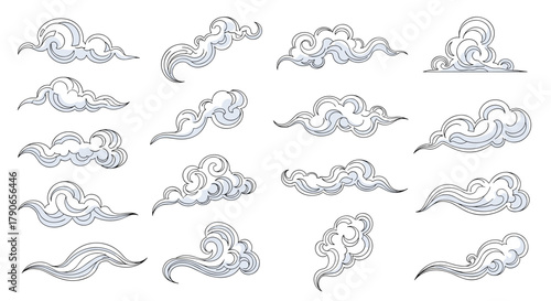 A collection of hand drawn stylized clouds in varying shapes and forms evoking a sense of movement and atmospheric artistry.