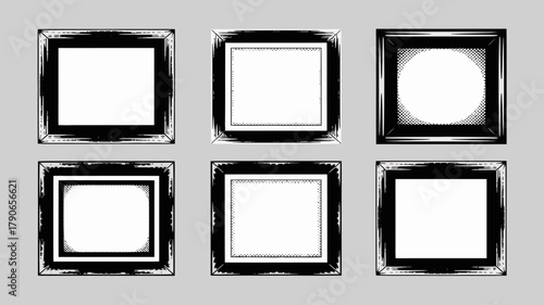 Set of six stylized square black frames with distressed edges and halftone patterns, ideal for comic art, grunge designs, and retro graphic art projects.