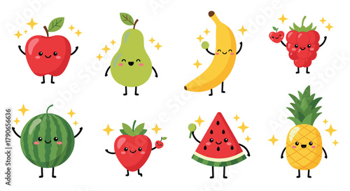 A collection of cute and happy cartoon fruits sparkling with joy and delight.