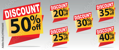 Discount Tags Vector Set, Popup Sale Banner, 50, 20, 35, 30, 25, 40 Off, Red Yellow EPS Design