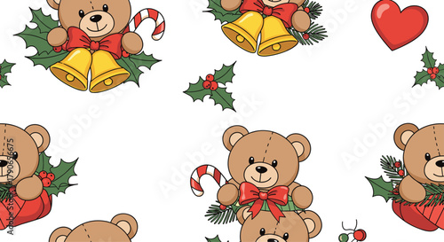 A festive and adorable seamless pattern featuring cute teddy bears with candy canes bells and holly decorations.