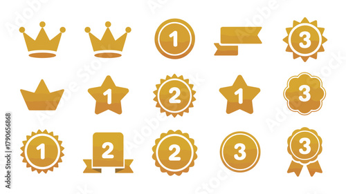 Golden award crown medal and ranking vector icon set. first second third place achievement success quality premium winner champion symbols collection illustration.