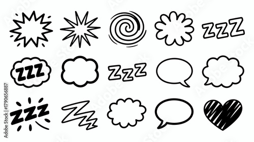 Hand-drawn comic elements set including speech bubbles, thought clouds, zzz sleep symbols, explosion bursts, a spiral, and a heart in black outline.