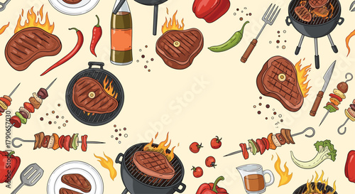 Enjoying a delicious barbecue feast with grilled steaks and flavorful skewers during a summer cookout.