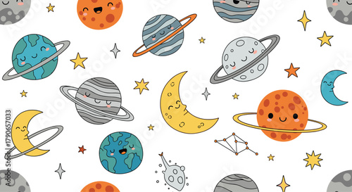 Cute planets and stars in outer space with happy faces and whimsical celestial bodies.