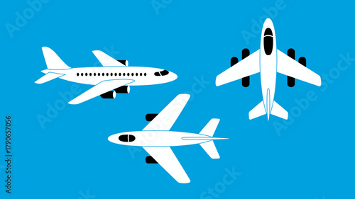 Stylized vector illustration of three white airplanes in different flight orientations against a vibrant blue background, depicting air travel, global transport, and logistics concepts.