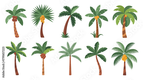 Collection of diverse cartoon palm trees in flat vector style, featuring various leaf shapes and coconut fruits, ideal for tropical and summer designs.