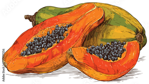 Vibrant Fresh Papaya Fruit Whole and Sliced Vector Illustration