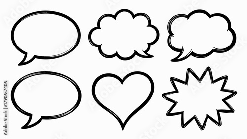 Hand drawn speech bubbles, thought clouds, heart, and starburst shapes set with doodle texture. perfect for comic dialogue, communication, and social media content