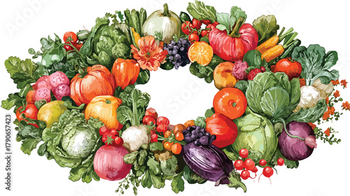 Vibrant Fruit and Vegetable Wreath: Fresh and Ripe Produce Display