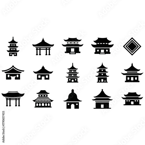 Collection of Japanese Pagoda Silhouette Icons for Cultural Design.