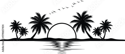 Silhouetted palm trees and archway reflecting on water with birds flying in a tropical sunset scene