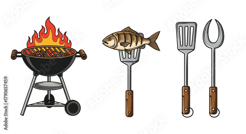 Enjoying a delicious barbecue outdoors with grilled food and cooking utensils.