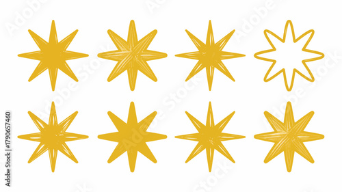 Hand-drawn yellow gold stars and one outlined star, isolated on a clean white background. perfect for celebrations, awards, festive decor, and versatile graphic design project.