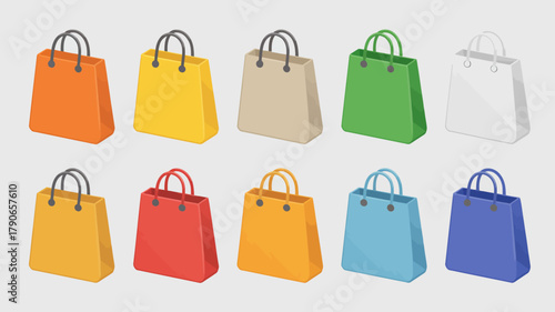 Colorful 3d shopping bags vector illustration set, diverse vibrant retail paper gift bags, empty for merchandise, e-commerce, discount, promotion, and packaging
