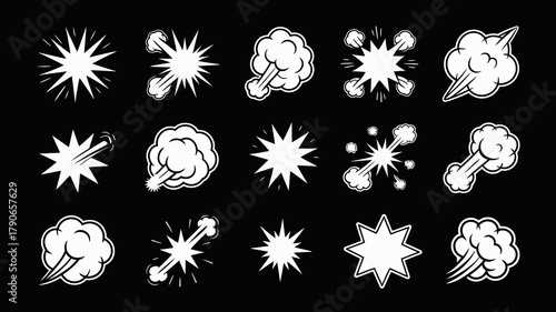 Comic book style burst and explosion vector collection, dynamic graphic elements for sound effects, impact, speed, and energy visuals in pop art designs