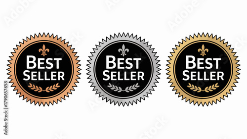 Best seller badges vector set featuring bronze, silver, and gold seals with a fleur-de-lis and laurel wreath design, indicating top product performance and quality recognition.