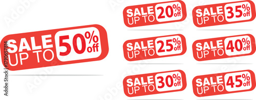 Discount Tags Vector Set, Popup Sale Up To, 50, 20, 35, 25, 40, 30, 45 Off, Red Rounded EPS Design