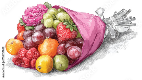 Vibrant Ripe Juicy Fruit Bunch Bouquet Wrap Vector with Outlines