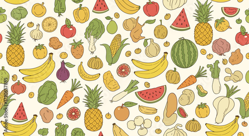 A vibrant seamless pattern featuring a delightful assortment of fresh fruits and vegetables depicted in a charming doodle art style on a light cream background.