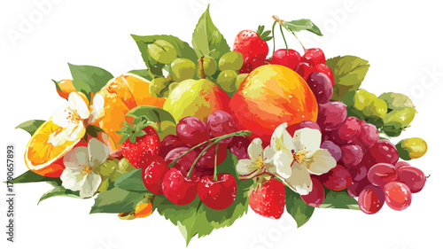 Vibrant Ripe Juicy Fruit Bunch Bouquet Wrap Vector with Outline