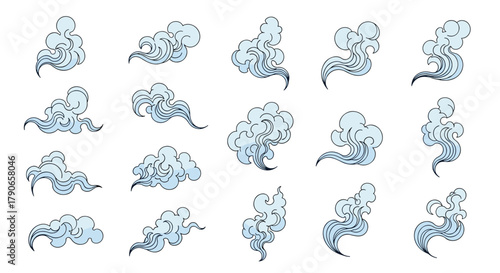 A collection of diverse stylized vapor and smoke illustrations in a traditional Japanese art style.