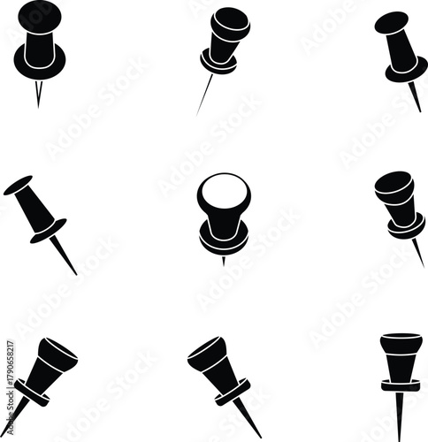 Push pin and thumbtack icon set for office, map, and reminder design in minimalist black and white vector style with transparent background