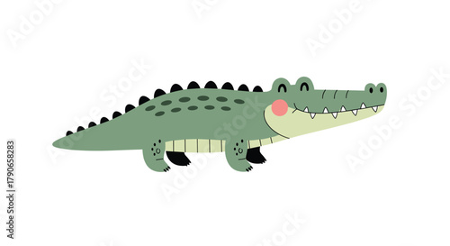 A friendly cartoon alligator with a big smile and pink cheeks walks through the water on a sunny day.