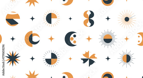 A seamless pattern featuring celestial bodies and abstract geometric shapes in a muted color palette of beige and dark teal.