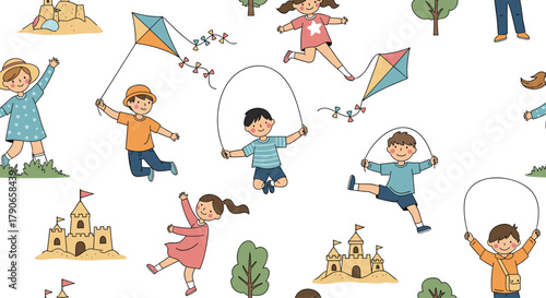 Children happily playing outdoors on a sunny day enjoying various activities like jumping rope flying kites and building sandcastles.