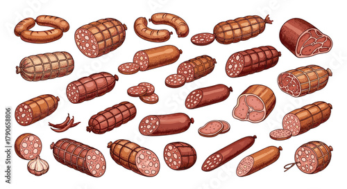 A wide variety of assorted cured and smoked processed meat sausages and salamis are displayed on a white background.