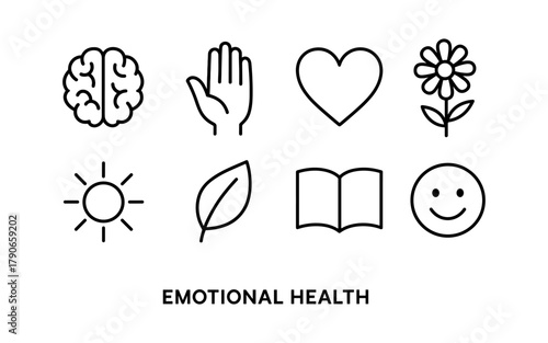 Set of linear icons representing emotional health and wellbeing