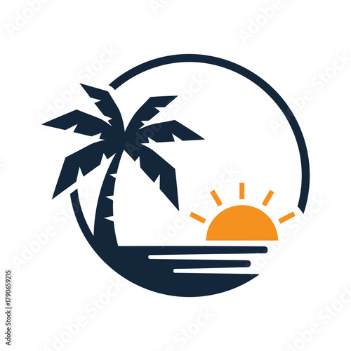 Tropical beach vacation island sun ocean palm tree simple logo icon Vector