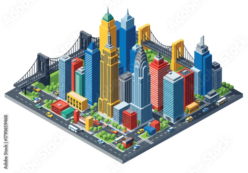 Flat 3D isometric cityscape of New York City with tall skyscrapers, bridges, and grid streets. Solid bold colors, geometric clean layout, no gradients, perfect for travel and editorial use