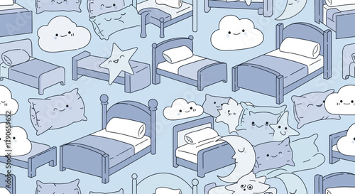 A repeating pattern featuring various cartoon beds, pillows, clouds, stars and a moon, all with happy, smiling faces, in blue
