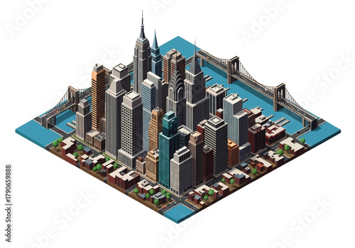 Flat 3D isometric cityscape of New York City with tall skyscrapers, bridges, and grid streets. Solid bold colors, geometric clean layout, no gradients, perfect for travel and editorial use