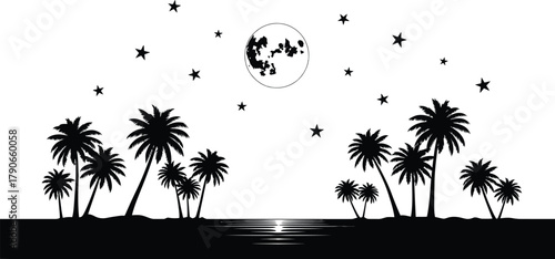 Silhouette of palm trees and stars under a full moon with reflection on the ocean
