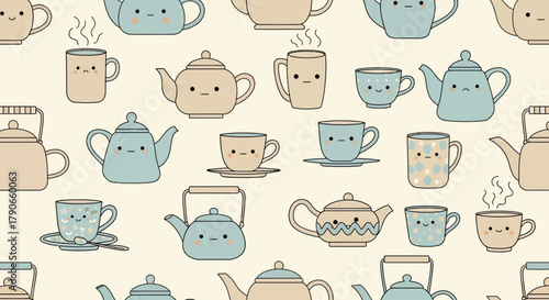 Adorable, repeating pattern of cartoon teapots, kettles, and mugs with emotive faces, steaming. Beige and light blue palette