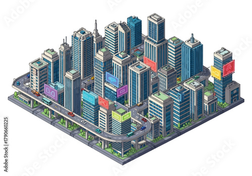 Flat 3D isometric Tokyo cityscape with modern towers, neon billboard silhouettes, and dense city grid. Solid vibrant palette, no gradients, perfect for travel graphics and tech branding