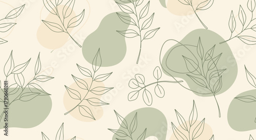 A delicate pattern of sketched leaves and amorphous shapes in muted green and beige tones against a cream background