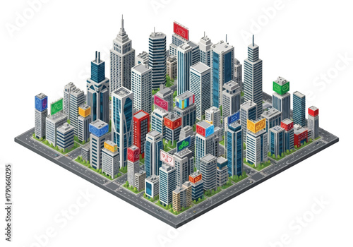 Flat 3D isometric Tokyo cityscape with modern towers, neon billboard silhouettes, and dense city grid. Solid vibrant palette, no gradients, perfect for travel graphics and tech branding