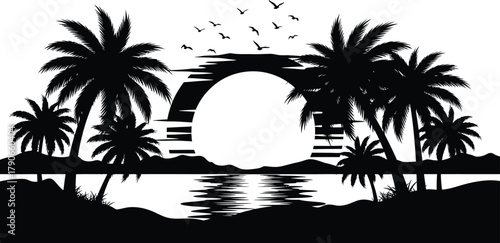 Silhouette of tropical palm trees and birds flying over a sunlit ocean horizon at sunset