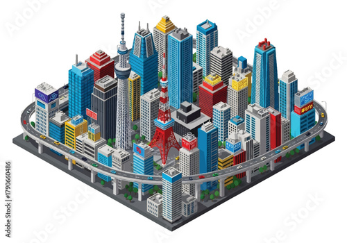 Flat 3D isometric Tokyo cityscape with modern towers, neon billboard silhouettes, and dense city grid. Solid vibrant palette, no gradients, perfect for travel graphics and tech branding
