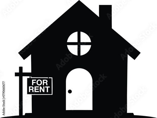 Simple black silhouette of a house with a for rent sign in front on a white background