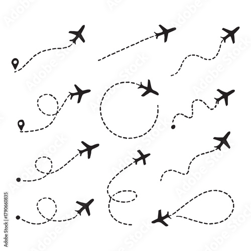 Aircraft clip art icons with way path tracks. Airplanes minimal vector illustration