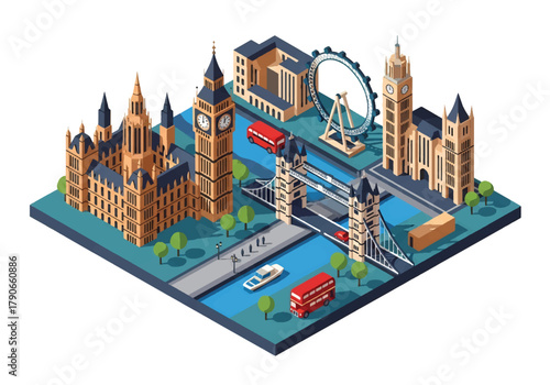 Flat 3D isometric London cityscape featuring historic domes and modern towers along a riverside bridge. Solid muted tones, clean minimal composition, no gradients, squared layout