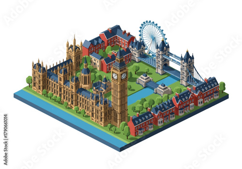 Flat 3D isometric London cityscape featuring historic domes and modern towers along a riverside bridge. Solid muted tones, clean minimal composition, no gradients, squared layout