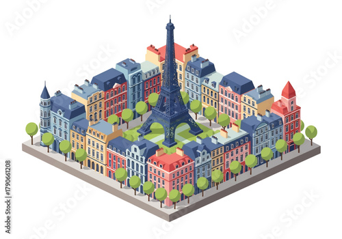 Flat 3D isometric vector of Paris skyline with central tower silhouette, elegant rooftops, and avenue layout. Solid pastel palette, clean geometry, no gradients, squared frame